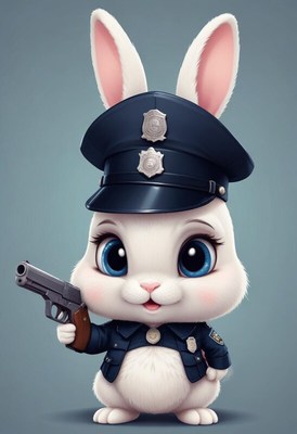 Cute rabbit dressed as a police officer holding a toy gun