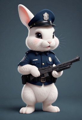 Cute rabbit dressed as a police officer holding a weapon