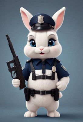 Cute cartoon bunny dressed as a police officer holding a gun