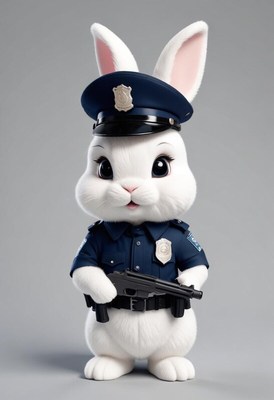 Cute bunny dressed as a police officer with a gun
