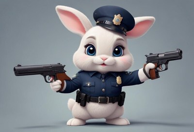 Cute police bunny character in uniform with guns