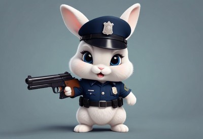 Cute rabbit dressed as a police officer holds a gun