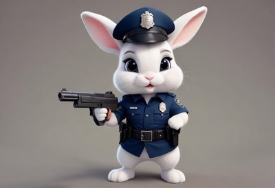 Police rabbit stands guard with a gun in playful uniform