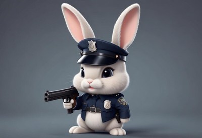 Police rabbit character holding a toy gun in a uniform