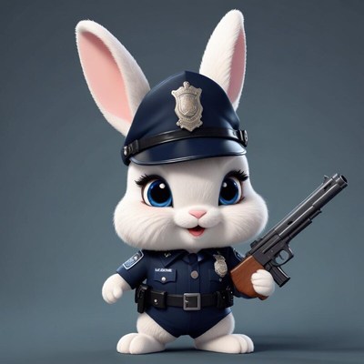 Cute bunny police officer holding a gun in uniform