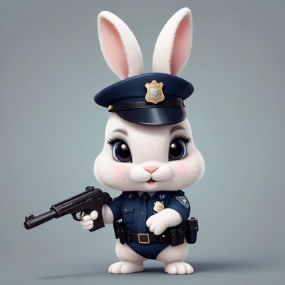 Rabbit police officer holds gun in playful stance