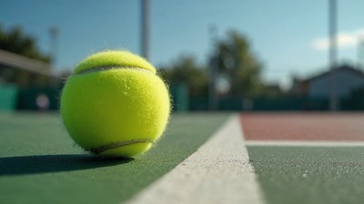 Bright yellow tennis ball on court ready for play