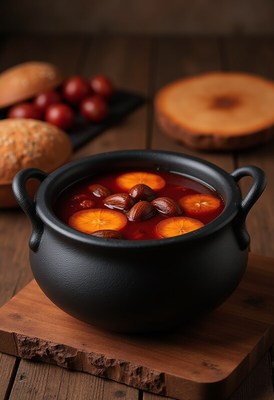 Delicious soup in a black pot with fruits and nuts