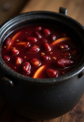 Delicious red bean stew in a black pot on wooden table