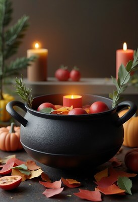 Black cauldron filled with tomatoes and colorful leaves