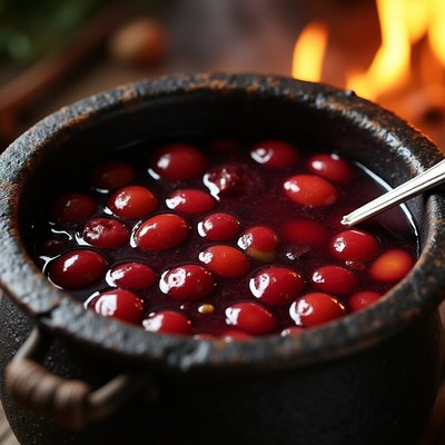 Warm fruit stew bubbling in a black pot by the fire