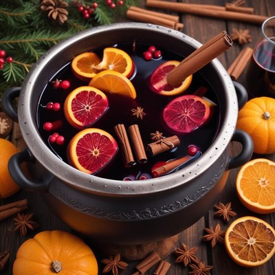 Warm holiday punch with spices and citrus fruits