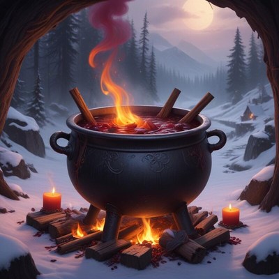 Cozy winter scene with a bubbling cauldron at sunset