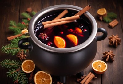 Spiced fruit drink simmering in a cauldron during winter