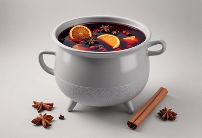 Warm drink in a pot with citrus and spices for winter