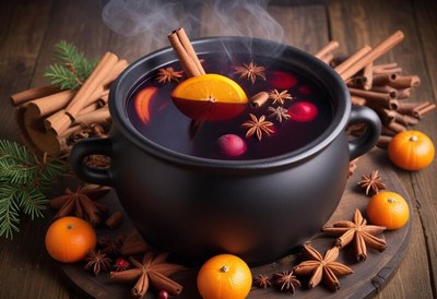 Hot spiced drink with cinnamon and citrus for winter warmth