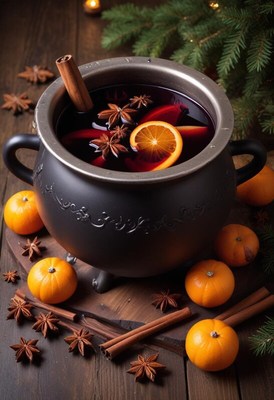 Warm winter drink in a black pot with spices and citrus