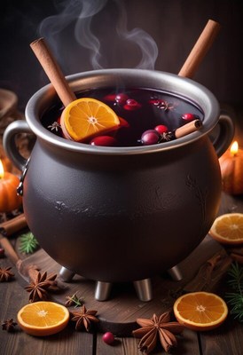 Warm spiced beverage simmering in a cauldron with fruit