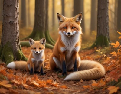 Fox family relaxing together in autumn forest setting