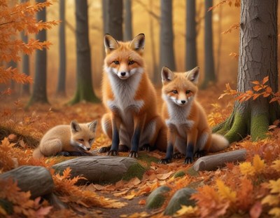 Fox family enjoying autumn in a peaceful forest