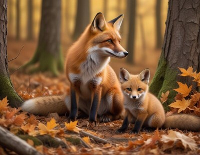 Fox family rests in autumn forest with golden leaves