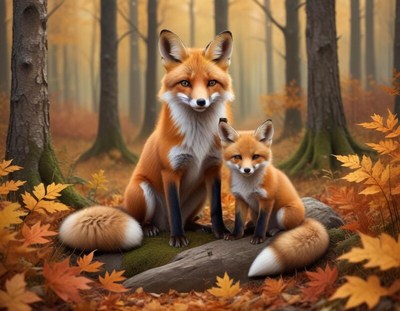 Foxes in a serene forest during autumn