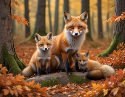 Fox family resting in autumn forest with fallen leaves