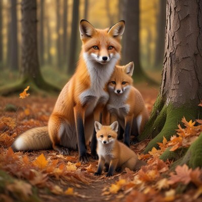 Fox family relaxing in autumn forest
