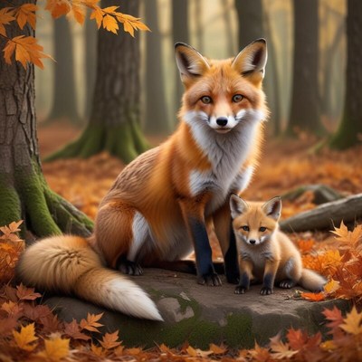 Two foxes resting in a forest during autumn