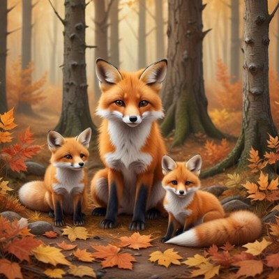 Fox family in a serene autumn forest scene