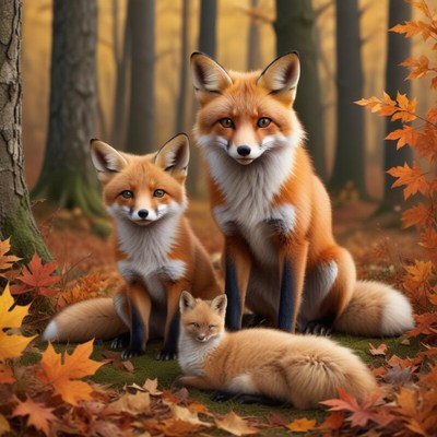 Family of foxes in a colorful autumn forest setting