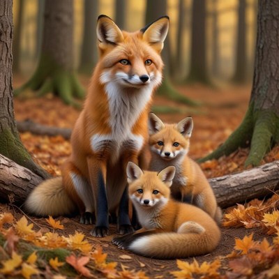 Fox family resting in forest during autumn
