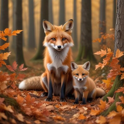 Fox mother and cub in a vibrant autumn forest