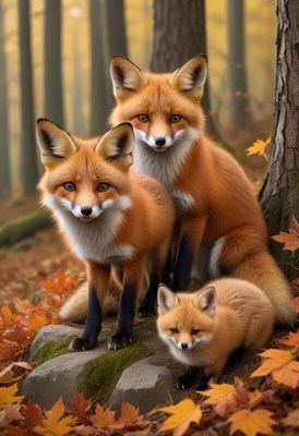 Three foxes resting in autumn forest