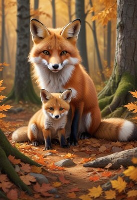 Fox pair enjoying autumn in a vibrant forest setting