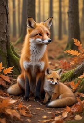 Fox and cub resting in a forest during autumn