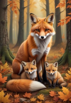 Family of foxes in a forest during autumn