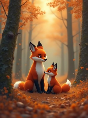 Foxes enjoying a peaceful autumn afternoon in the forest