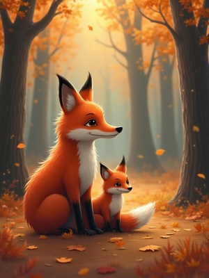 Fox family enjoying a peaceful moment in autumn woods