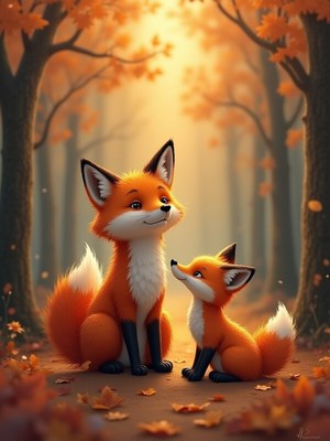 Heartwarming moment between two foxes in autumn forest
