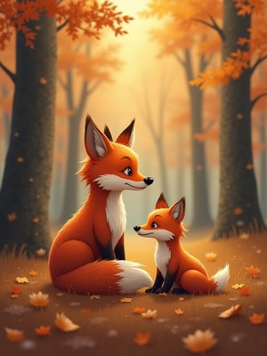 Foxes enjoying a peaceful autumn afternoon in the forest