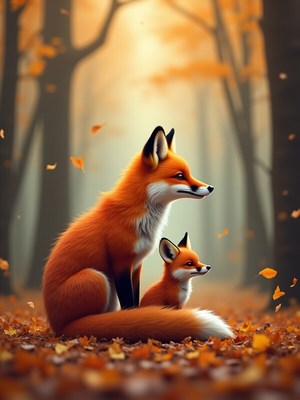 Fox and cub resting in a forest during autumn