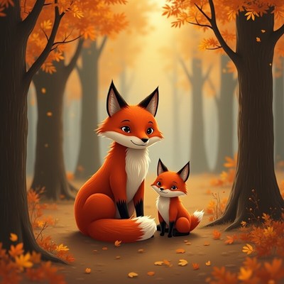 Playful foxes in a vibrant autumn forest scene