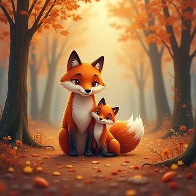 Fox family enjoying autumn in a forest path