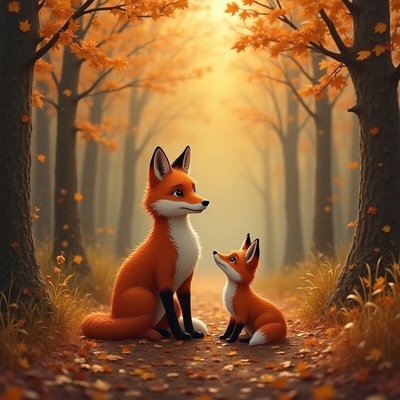 Foxes enjoying a serene autumn day in the forest