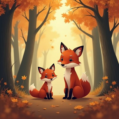Foxes in autumn forest during peaceful morning time