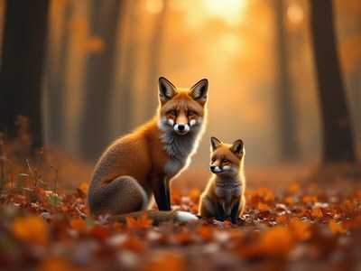 Foxes resting in a forest during autumn sunset