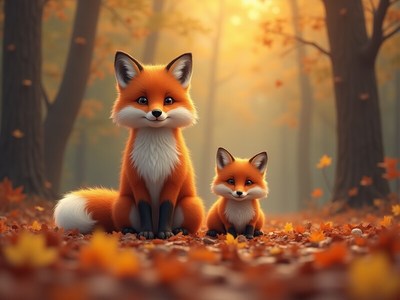 Mother and baby fox in a forest during autumn