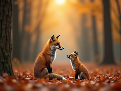 Fox and cub in a serene autumn forest setting