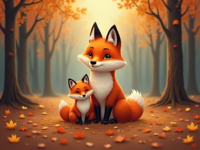 Two friendly foxes relax in a serene autumn forest
